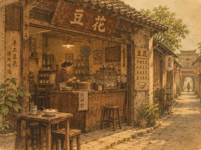 本地推荐:老城区巷子里藏着一家宝藏豆花店 - 娱乐八卦爆料 复古插画风格的老城区豆花店场景