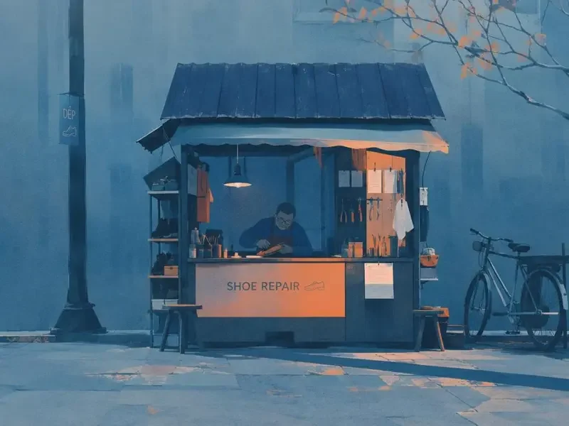 复古插画风格的巷口修鞋摊场景
